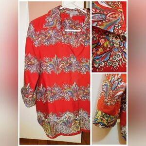 Foxcroft Wrinkle‑Free Fitted Paisley Button‑Down Shirt – Size 12 – 100% Cotton